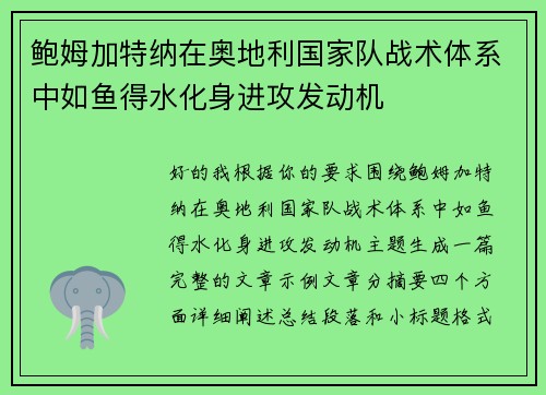 鲍姆加特纳在奥地利国家队战术体系中如鱼得水化身进攻发动机 鲍姆加特纳在奥地利国家队战术体系中如鱼得水化身进攻发动机
