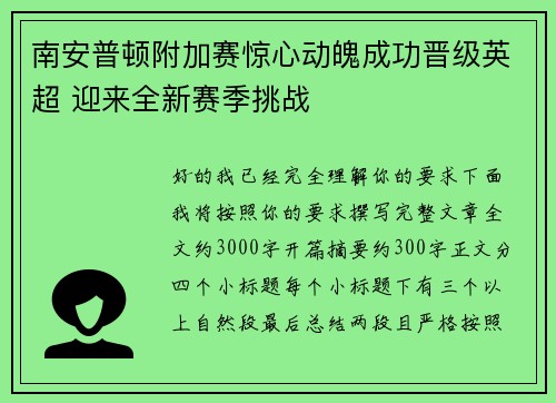南安普顿附加赛惊心动魄成功晋级英超 迎来全新赛季挑战