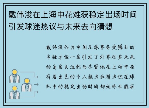 戴伟浚在上海申花难获稳定出场时间引发球迷热议与未来去向猜想