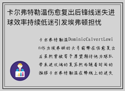 卡尔弗特勒温伤愈复出后锋线迷失进球效率持续低迷引发埃弗顿担忧